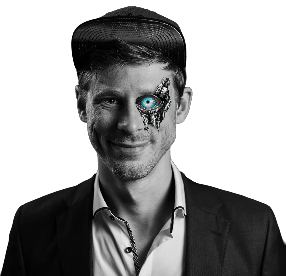 KI Marketing Experte Daniel Schoch als halbseitiger Cyborg