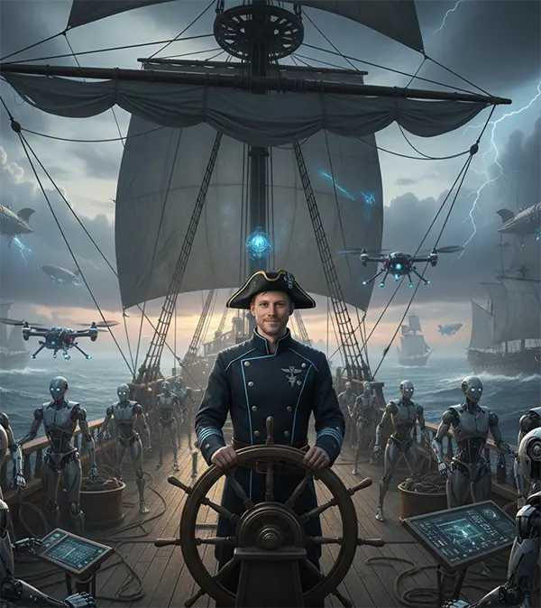 KI Unternehmensberatung Freiburg Daniel Schoch als KI Marketing Kapitän am Steuer eines Segelschiffs